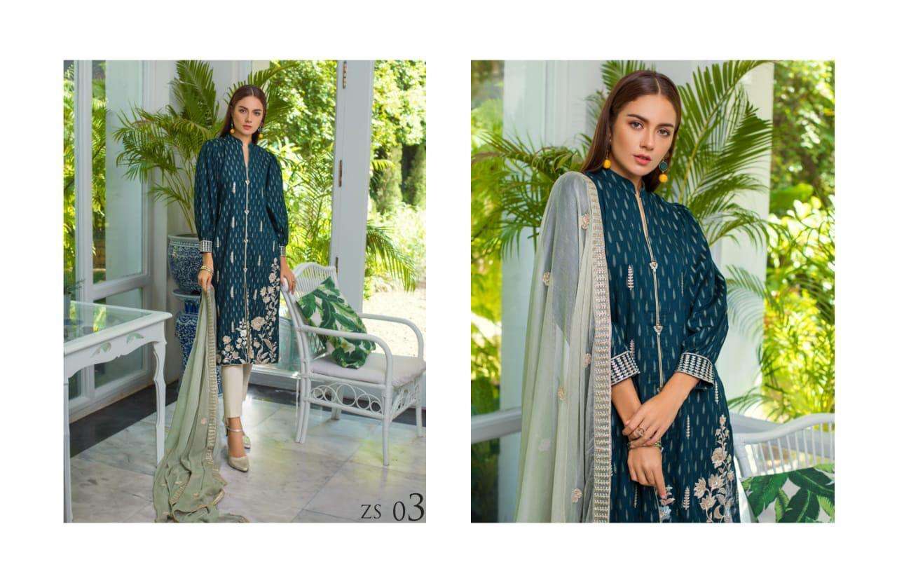 JAIPUR JACQUARD BY ZS TEXTILE 01 TO 08 SERIES BEAUTIFUL SUITS STYLISH FANCY COLORFUL PARTY WEAR & OCCASIONAL WEAR JAIPUR JACQUARD EMBROIDERED DRESSES AT WHOLESALE PRICE