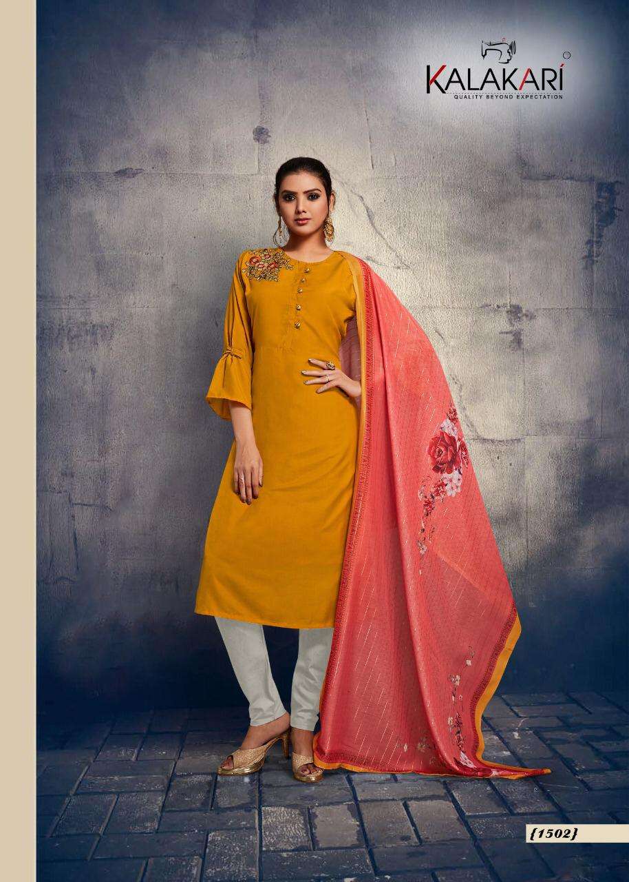 CHIGI WIGI VOL-15 BY KALAKARI 1501 TO 1505 SERIES BEAUTIFUL STYLISH FANCY COLORFUL CASUAL WEAR & ETHNIC WEAR & READY TO WEAR PURE VISCOSE MUSLIN EMBROIDERY KURTIS WITH DUPATTA AT WHOLESALE PRICE