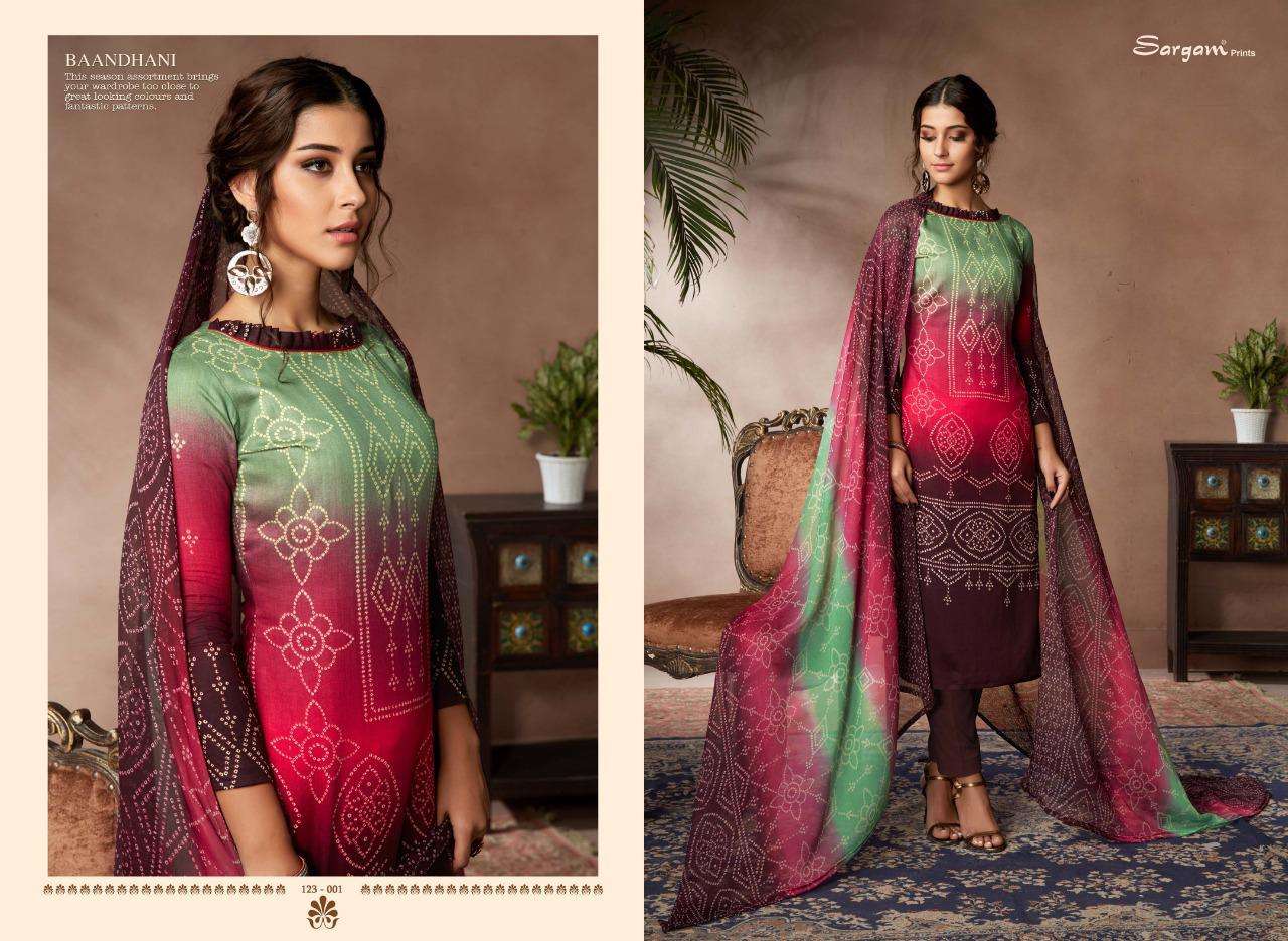 BAANDHANI VOL-2 BY SARGAM PRINTS 123-001 TO 123-010 SERIES BEAUTIFUL SUITS STYLISH FANCY COLORFUL PARTY WEAR & OCCASIONAL WEAR JAM SATIN PRINTED DRESSES AT WHOLESALE PRICE