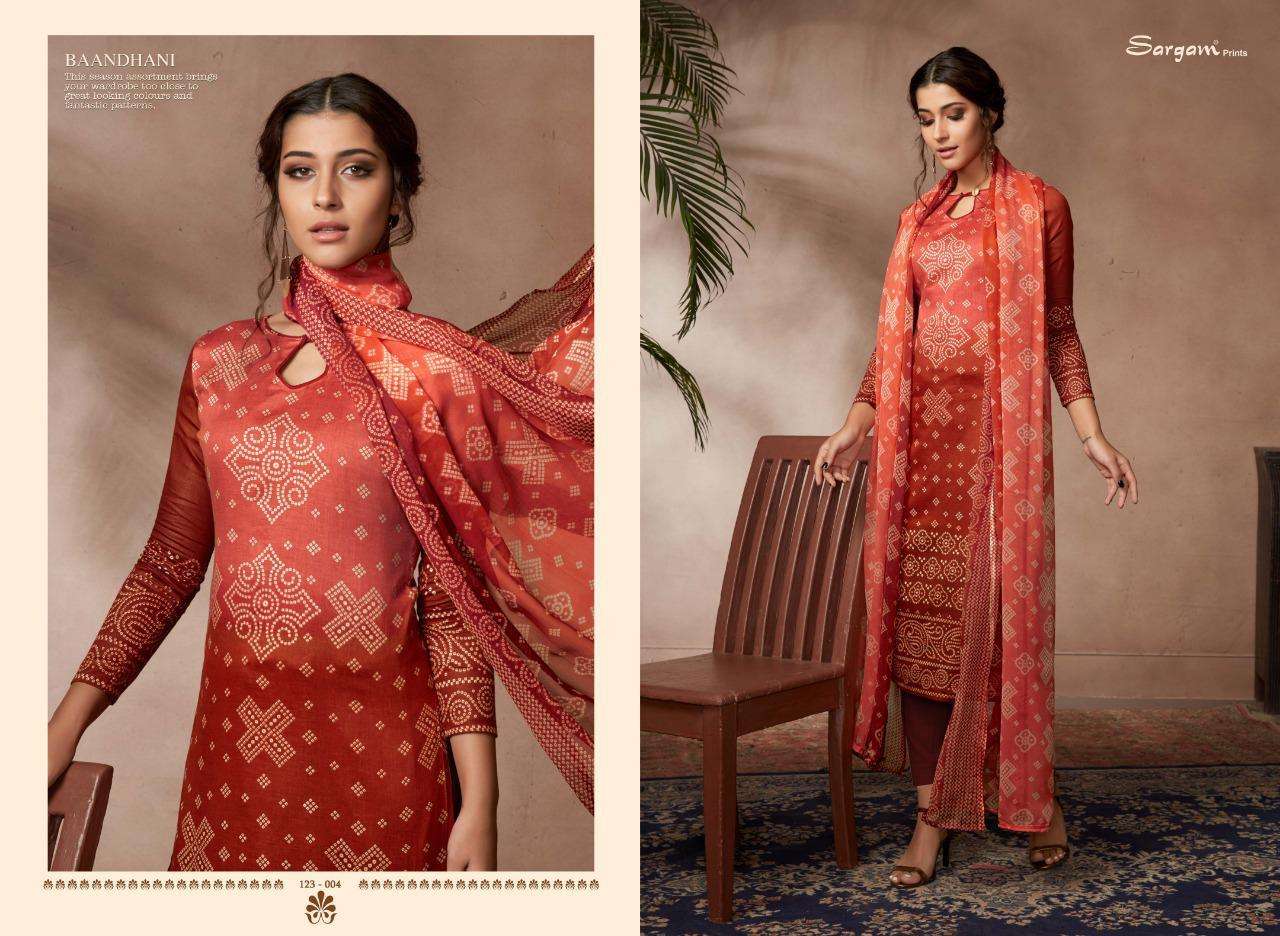 BAANDHANI VOL-2 BY SARGAM PRINTS 123-001 TO 123-010 SERIES BEAUTIFUL SUITS STYLISH FANCY COLORFUL PARTY WEAR & OCCASIONAL WEAR JAM SATIN PRINTED DRESSES AT WHOLESALE PRICE