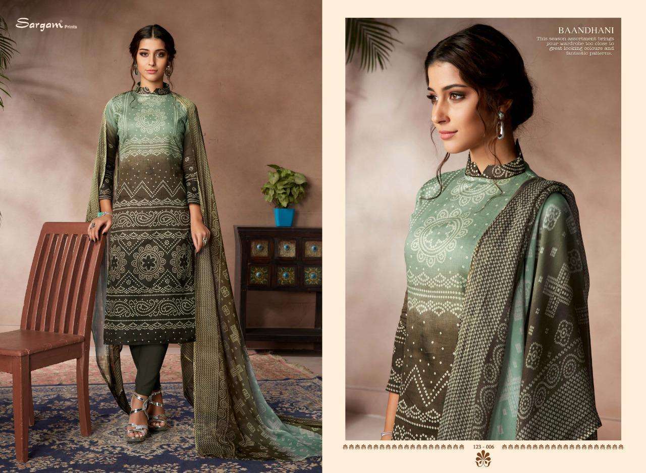 BAANDHANI VOL-2 BY SARGAM PRINTS 123-001 TO 123-010 SERIES BEAUTIFUL SUITS STYLISH FANCY COLORFUL PARTY WEAR & OCCASIONAL WEAR JAM SATIN PRINTED DRESSES AT WHOLESALE PRICE