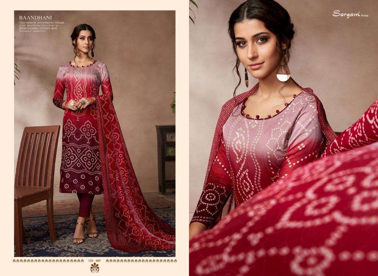 BAANDHANI VOL-2 BY SARGAM PRINTS 123-001 TO 123-010 SERIES BEAUTIFUL SUITS STYLISH FANCY COLORFUL PARTY WEAR & OCCASIONAL WEAR JAM SATIN PRINTED DRESSES AT WHOLESALE PRICE