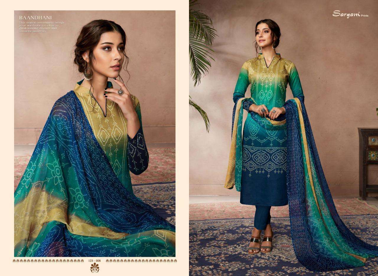 BAANDHANI VOL-2 BY SARGAM PRINTS 123-001 TO 123-010 SERIES BEAUTIFUL SUITS STYLISH FANCY COLORFUL PARTY WEAR & OCCASIONAL WEAR JAM SATIN PRINTED DRESSES AT WHOLESALE PRICE