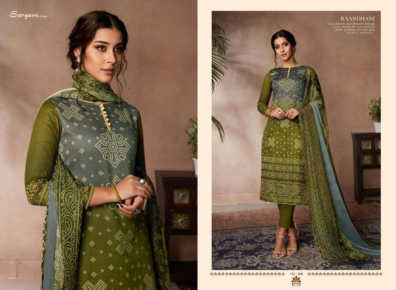 BAANDHANI VOL-2 BY SARGAM PRINTS 123-001 TO 123-010 SERIES BEAUTIFUL SUITS STYLISH FANCY COLORFUL PARTY WEAR & OCCASIONAL WEAR JAM SATIN PRINTED DRESSES AT WHOLESALE PRICE