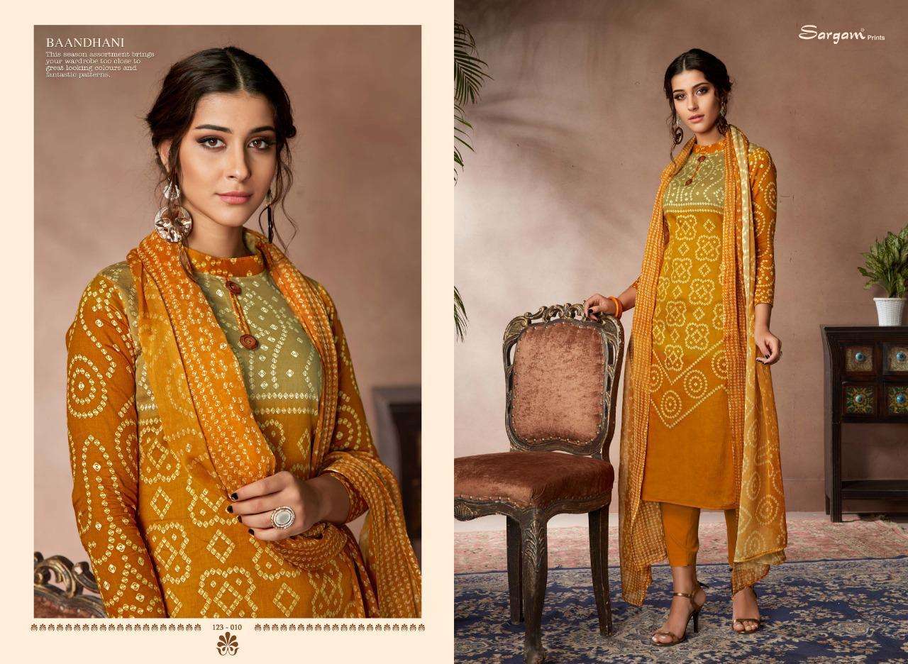 BAANDHANI VOL-2 BY SARGAM PRINTS 123-001 TO 123-010 SERIES BEAUTIFUL SUITS STYLISH FANCY COLORFUL PARTY WEAR & OCCASIONAL WEAR JAM SATIN PRINTED DRESSES AT WHOLESALE PRICE