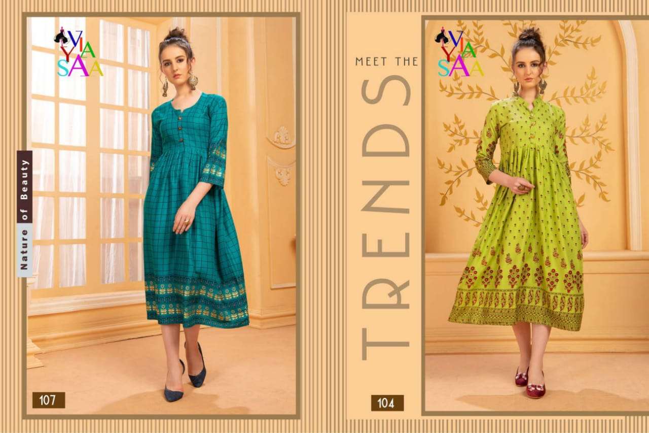 MISHIKA BY VIYASAA 101 TO 110 SERIES BEAUTIFUL STYLISH FANCY COLORFUL CASUAL WEAR & ETHNIC WEAR & READY TO WEAR MAGIC RAYON PRINTED KURTIS AT WHOLESALE PRICE