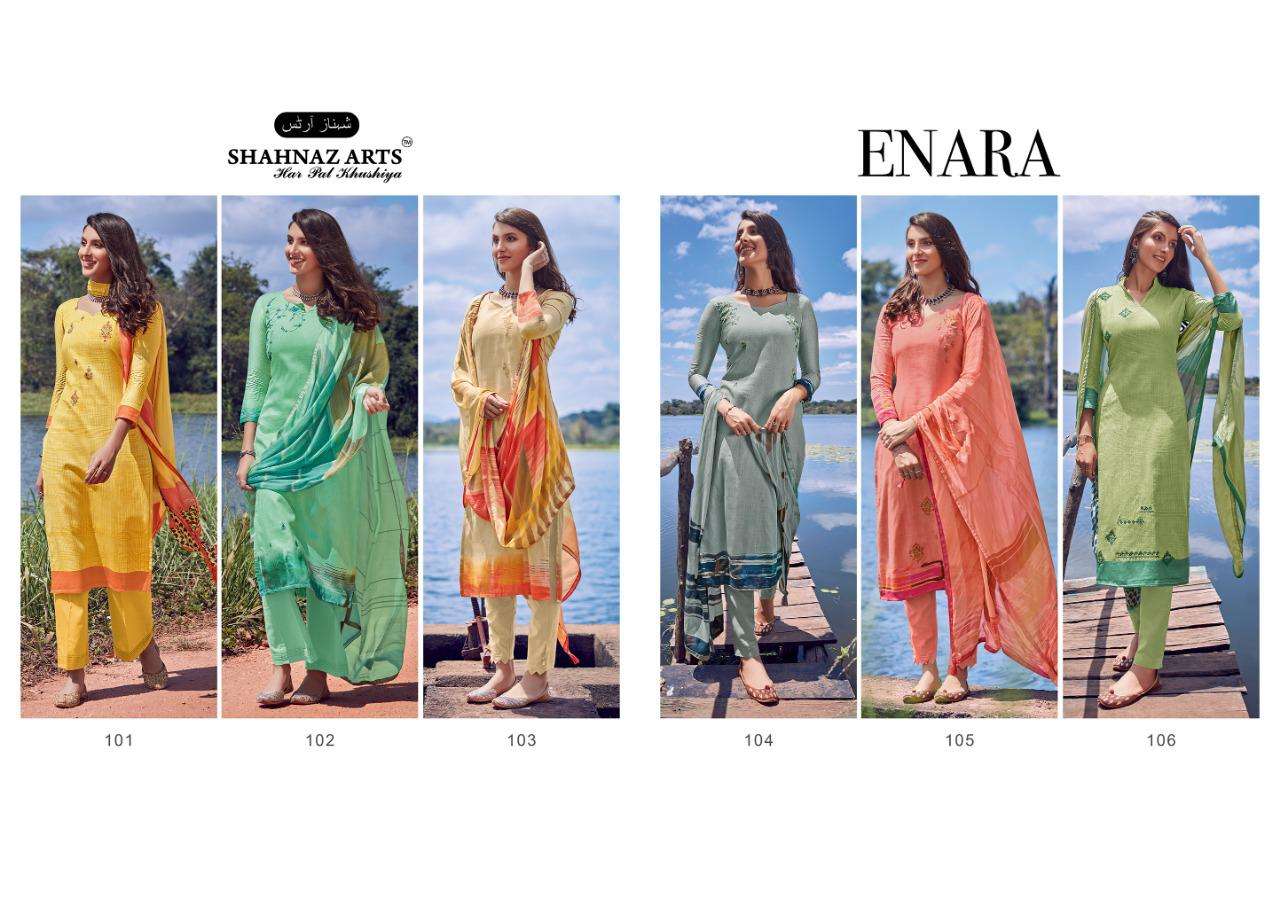 ENARA BY SHANAZ ART 101 TO 106 SERIES SUITS BEAUTIFUL FANCY COLORFUL STYLISH PARTY WEAR & OCCASIONAL WEAR PURE JAM SILK COTTON WITH EMBROIDERY DRESSES AT WHOLESALE PRICE