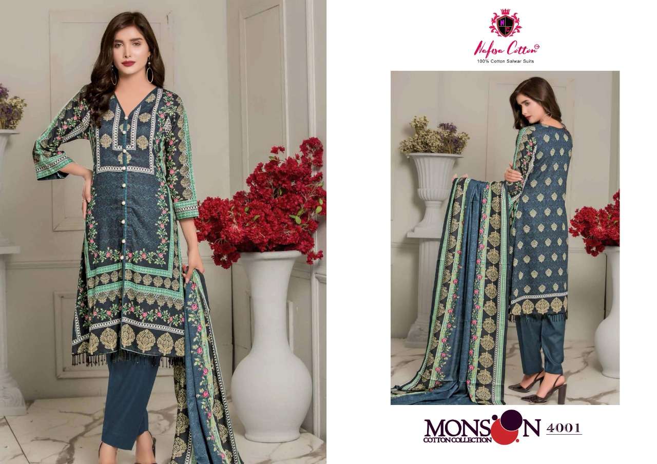 MONSOON COTTON COLLECTION VOL-4 BY NAFISA COTTON 4001 TO 4010 SERIES BEAUTIFUL SUITS STYLISH FANCY COLORFUL PARTY WEAR & ETHNIC WEAR COTTON PRINTED DRESSES AT WHOLESALE PRICE