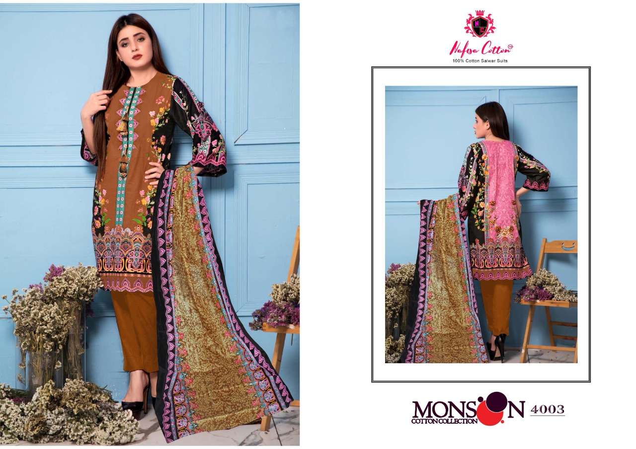 MONSOON COTTON COLLECTION VOL-4 BY NAFISA COTTON 4001 TO 4010 SERIES BEAUTIFUL SUITS STYLISH FANCY COLORFUL PARTY WEAR & ETHNIC WEAR COTTON PRINTED DRESSES AT WHOLESALE PRICE