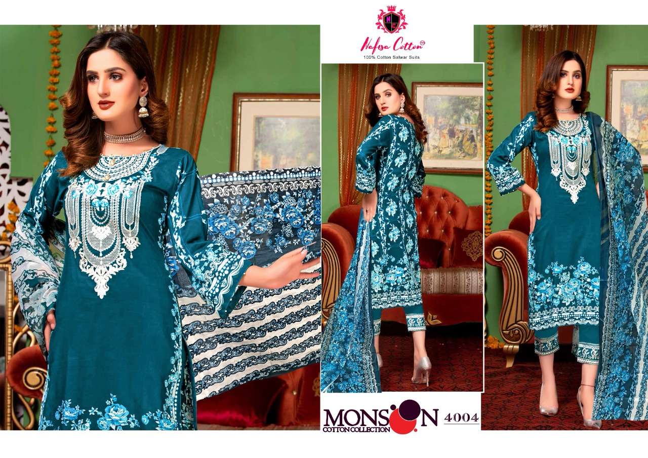 MONSOON COTTON COLLECTION VOL-4 BY NAFISA COTTON 4001 TO 4010 SERIES BEAUTIFUL SUITS STYLISH FANCY COLORFUL PARTY WEAR & ETHNIC WEAR COTTON PRINTED DRESSES AT WHOLESALE PRICE