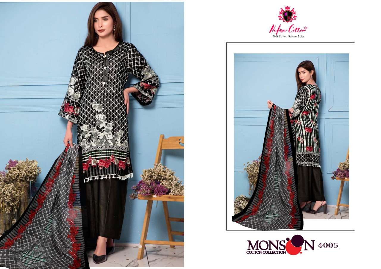 MONSOON COTTON COLLECTION VOL-4 BY NAFISA COTTON 4001 TO 4010 SERIES BEAUTIFUL SUITS STYLISH FANCY COLORFUL PARTY WEAR & ETHNIC WEAR COTTON PRINTED DRESSES AT WHOLESALE PRICE
