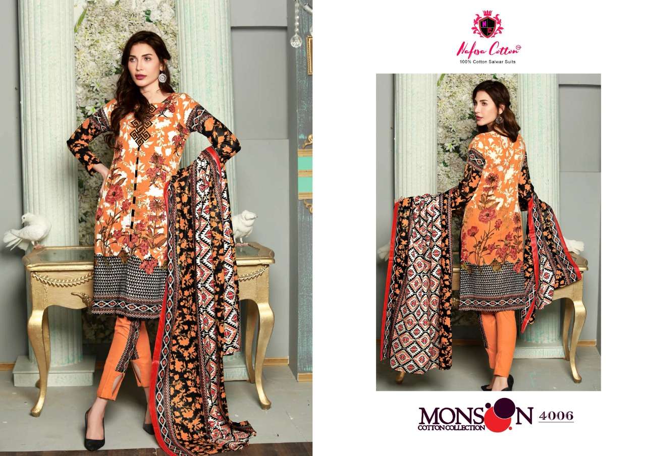 MONSOON COTTON COLLECTION VOL-4 BY NAFISA COTTON 4001 TO 4010 SERIES BEAUTIFUL SUITS STYLISH FANCY COLORFUL PARTY WEAR & ETHNIC WEAR COTTON PRINTED DRESSES AT WHOLESALE PRICE