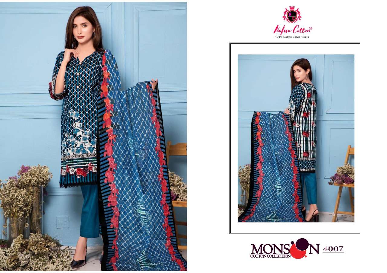 MONSOON COTTON COLLECTION VOL-4 BY NAFISA COTTON 4001 TO 4010 SERIES BEAUTIFUL SUITS STYLISH FANCY COLORFUL PARTY WEAR & ETHNIC WEAR COTTON PRINTED DRESSES AT WHOLESALE PRICE