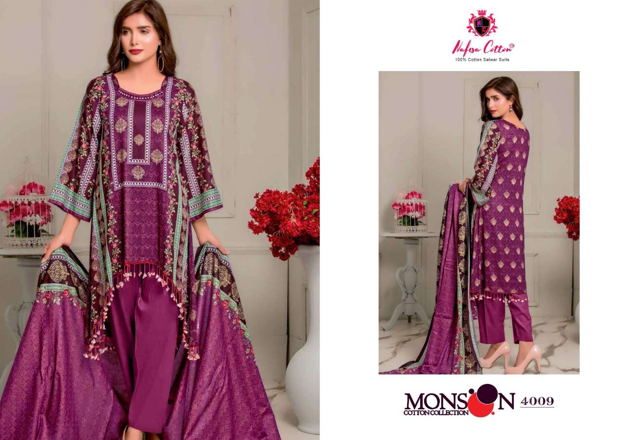 MONSOON COTTON COLLECTION VOL-4 BY NAFISA COTTON 4001 TO 4010 SERIES BEAUTIFUL SUITS STYLISH FANCY COLORFUL PARTY WEAR & ETHNIC WEAR COTTON PRINTED DRESSES AT WHOLESALE PRICE