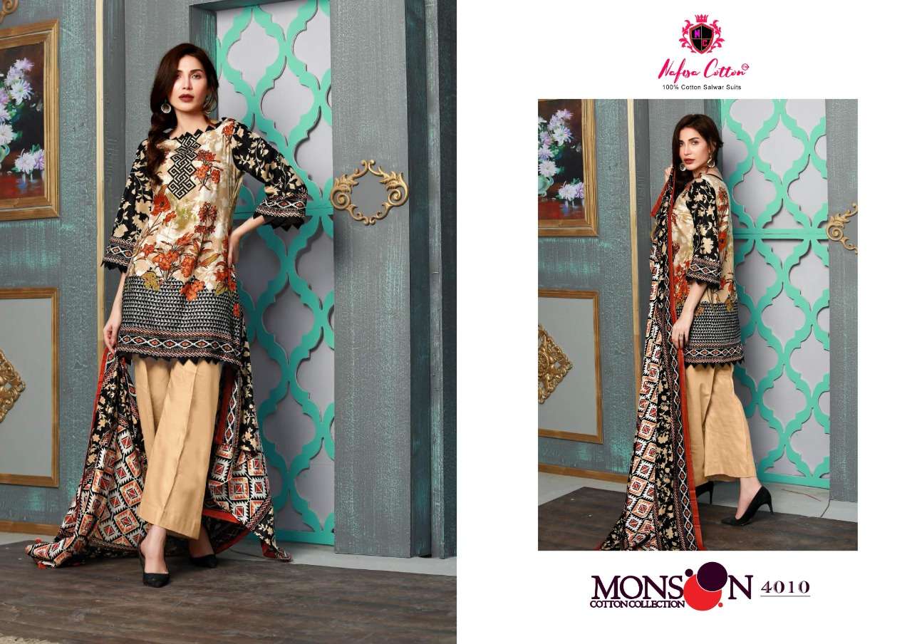 MONSOON COTTON COLLECTION VOL-4 BY NAFISA COTTON 4001 TO 4010 SERIES BEAUTIFUL SUITS STYLISH FANCY COLORFUL PARTY WEAR & ETHNIC WEAR COTTON PRINTED DRESSES AT WHOLESALE PRICE