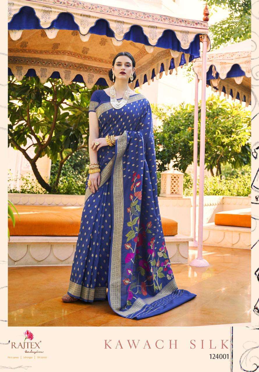 KAWACH SILK BY RAJ TEX 124001 TO 124006 SERIES INDIAN TRADITIONAL WEAR COLLECTION BEAUTIFUL STYLISH FANCY COLORFUL PARTY WEAR & OCCASIONAL WEAR PURE SILK SAREES AT WHOLESALE PRICE