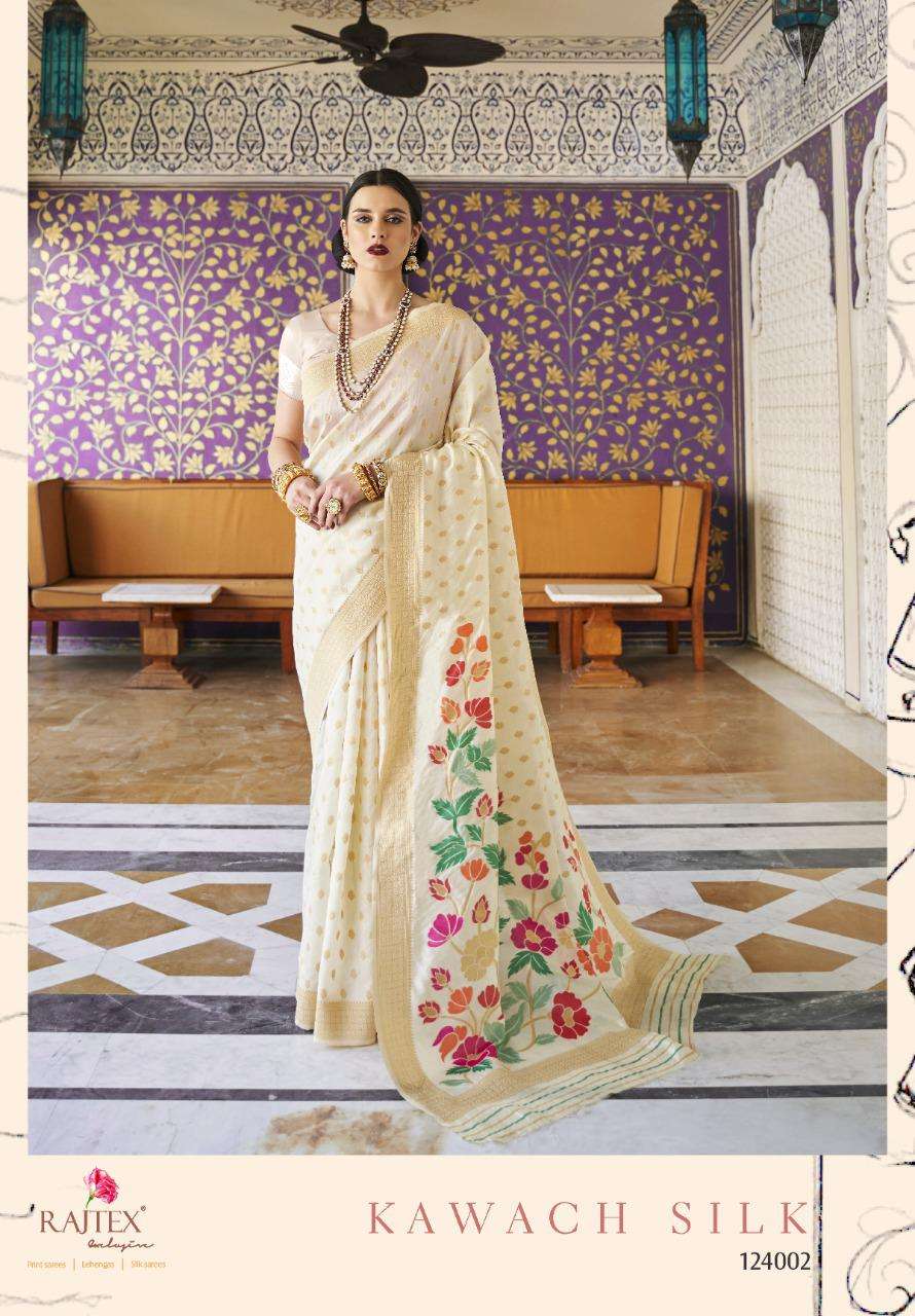 KAWACH SILK BY RAJ TEX 124001 TO 124006 SERIES INDIAN TRADITIONAL WEAR COLLECTION BEAUTIFUL STYLISH FANCY COLORFUL PARTY WEAR & OCCASIONAL WEAR PURE SILK SAREES AT WHOLESALE PRICE