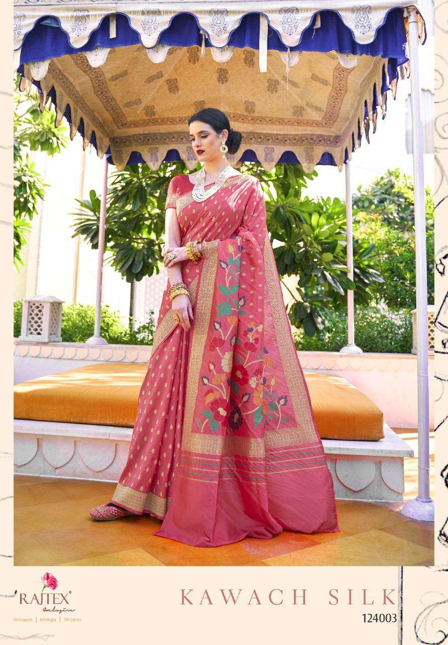 KAWACH SILK BY RAJ TEX 124001 TO 124006 SERIES INDIAN TRADITIONAL WEAR COLLECTION BEAUTIFUL STYLISH FANCY COLORFUL PARTY WEAR & OCCASIONAL WEAR PURE SILK SAREES AT WHOLESALE PRICE