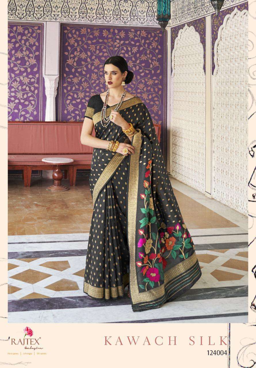 KAWACH SILK BY RAJ TEX 124001 TO 124006 SERIES INDIAN TRADITIONAL WEAR COLLECTION BEAUTIFUL STYLISH FANCY COLORFUL PARTY WEAR & OCCASIONAL WEAR PURE SILK SAREES AT WHOLESALE PRICE