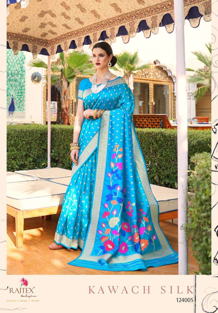 KAWACH SILK BY RAJ TEX 124001 TO 124006 SERIES INDIAN TRADITIONAL WEAR COLLECTION BEAUTIFUL STYLISH FANCY COLORFUL PARTY WEAR & OCCASIONAL WEAR PURE SILK SAREES AT WHOLESALE PRICE