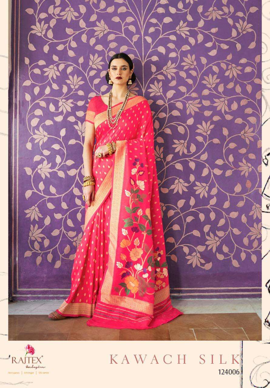 KAWACH SILK BY RAJ TEX 124001 TO 124006 SERIES INDIAN TRADITIONAL WEAR COLLECTION BEAUTIFUL STYLISH FANCY COLORFUL PARTY WEAR & OCCASIONAL WEAR PURE SILK SAREES AT WHOLESALE PRICE