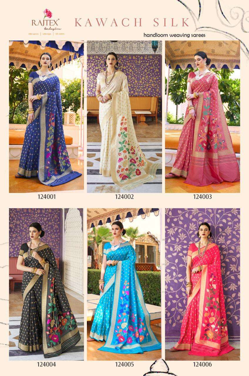 KAWACH SILK BY RAJ TEX 124001 TO 124006 SERIES INDIAN TRADITIONAL WEAR COLLECTION BEAUTIFUL STYLISH FANCY COLORFUL PARTY WEAR & OCCASIONAL WEAR PURE SILK SAREES AT WHOLESALE PRICE