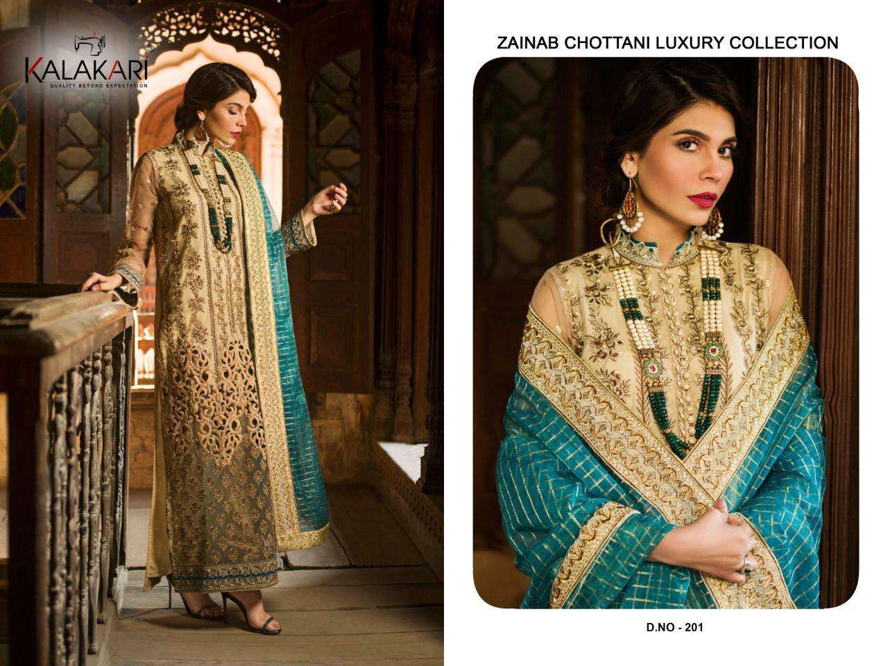 ZAINAB HIT DESIGNS BY KALAKARI BEAUTIFUL SUITS STYLISH FANCY COLORFUL PARTY WEAR & OCCASIONAL WEAR HEAVY NET/MONO NET WITH HEAVY WORK DRESSES AT WHOLESALE PRICE