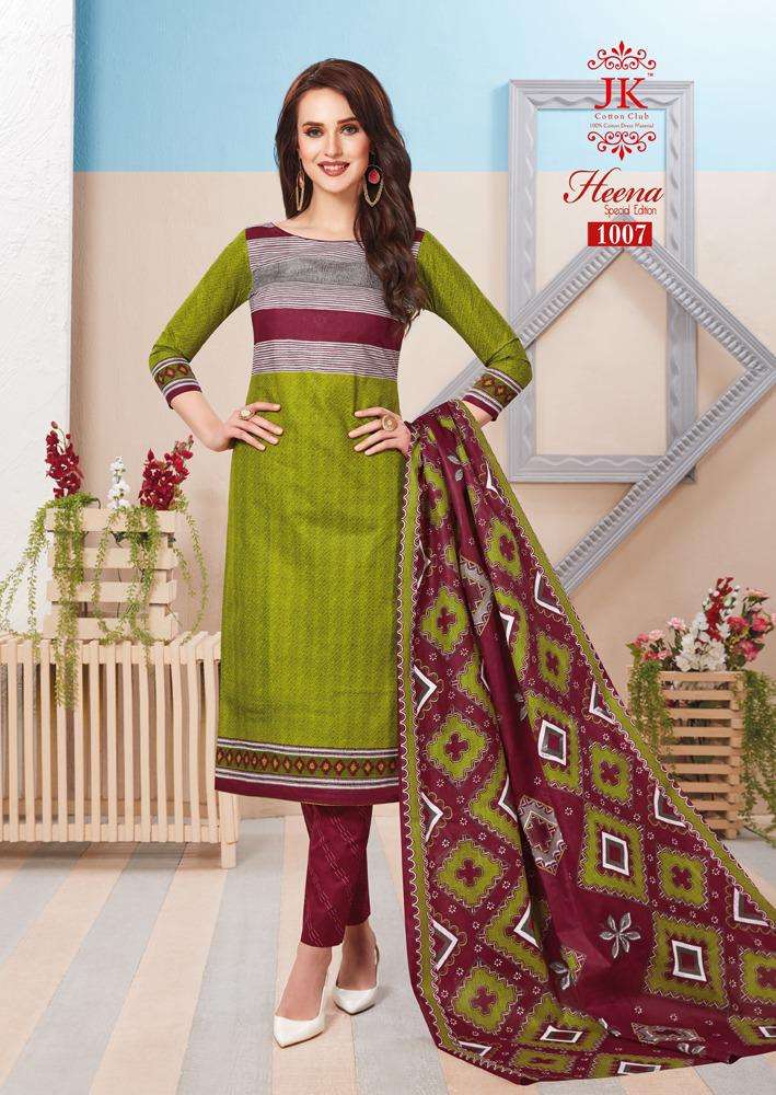 HEENA SPECIAL EDITION BY JK COTTON CLUB 1001 TO 1012 SERIES BEAUTIFUL SUITS STYLISH FANCY COLORFUL PARTY WEAR & OCCASIONAL WEAR COTTON PRINTED DRESSES AT WHOLESALE PRICE