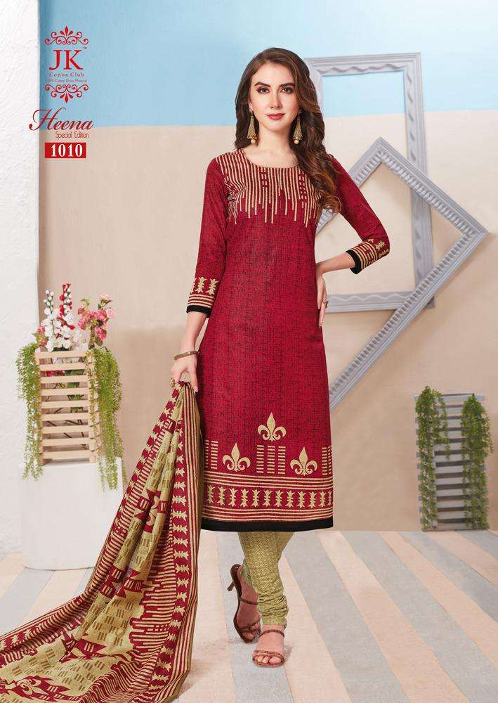 HEENA SPECIAL EDITION BY JK COTTON CLUB 1001 TO 1012 SERIES BEAUTIFUL SUITS STYLISH FANCY COLORFUL PARTY WEAR & OCCASIONAL WEAR COTTON PRINTED DRESSES AT WHOLESALE PRICE