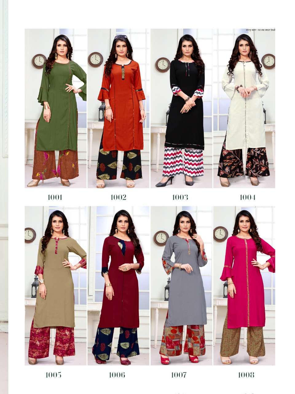 PLAZZO WORLD VOL-1 BY WATERMELON 1001 TO 1008 SERIES BEAUTIFUL STYLISH FANCY COLORFUL CASUAL WEAR & ETHNIC WEAR & READY TO WEAR HEAVY RAYON KURTIS WITH BOTTOM AT WHOLESALE PRICE