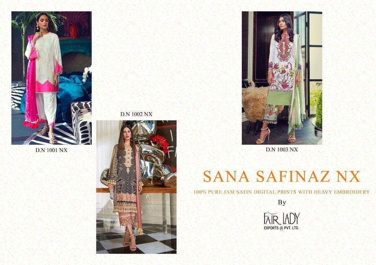 SANA SAFINAZ NX BY FAIR LADY 1001-NX TO 1003-NX SERIES PAKISTANI SUITS BEAUTIFUL FANCY COLORFUL STYLISH PARTY WEAR & OCCASIONAL WEAR PURE JAM SATIN PRINTED WITH EMBROIDERY DRESSES AT WHOLESALE PRICE