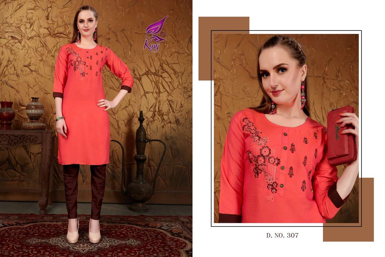 MUSKAN VOL-3 BY KUNJ 301 TO 308 SERIES STYLISH FANCY BEAUTIFUL COLORFUL CASUAL WEAR & ETHNIC WEAR RAYON TWO TONE WITH EMBROIDERY KURTIS AT WHOLESALE PRICE