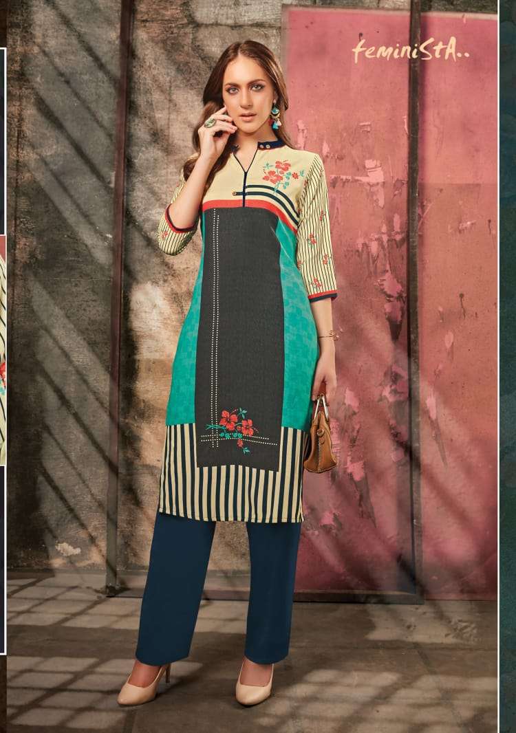 FLORENCE VOL-3 BY FEMINISTA 1001 TO 1008 SERIES BEAUTIFUL COLORFUL STYLISH FANCY CASUAL WEAR & READY TO WEAR RAYON DIGITAL RPINTED KURTIS AT WHOLESALE PRICE