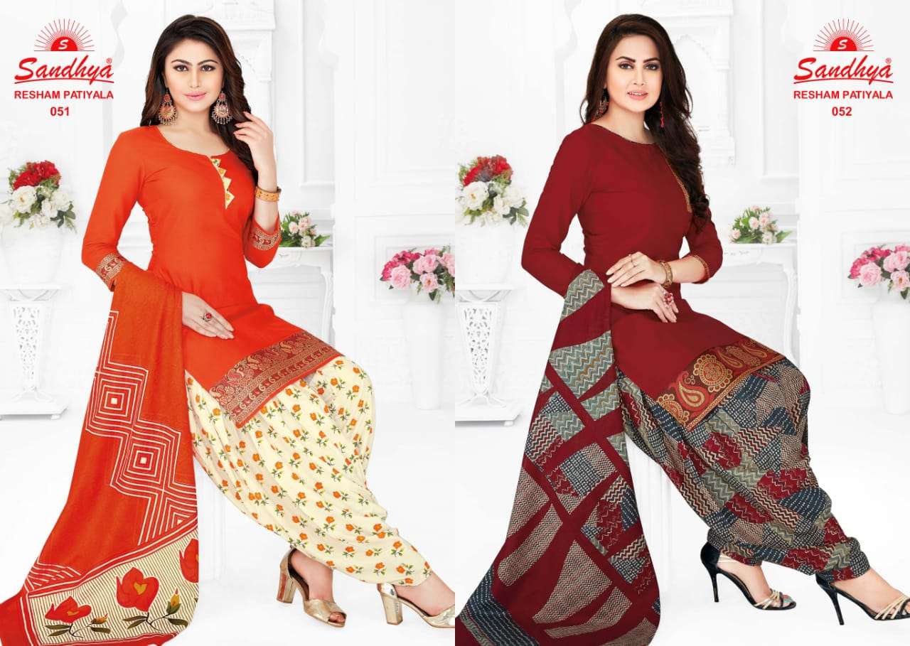 RESHAM PATIYALA VOL-3 BY SANDHYA 041 TO 055 SERIES BEAUTIFUL STYLISH SUITS FANCY COLORFUL CASUAL WEAR & ETHNIC WEAR & READY TO WEAR COTTON PRINTED DRESSES AT WHOLESALE PRICE