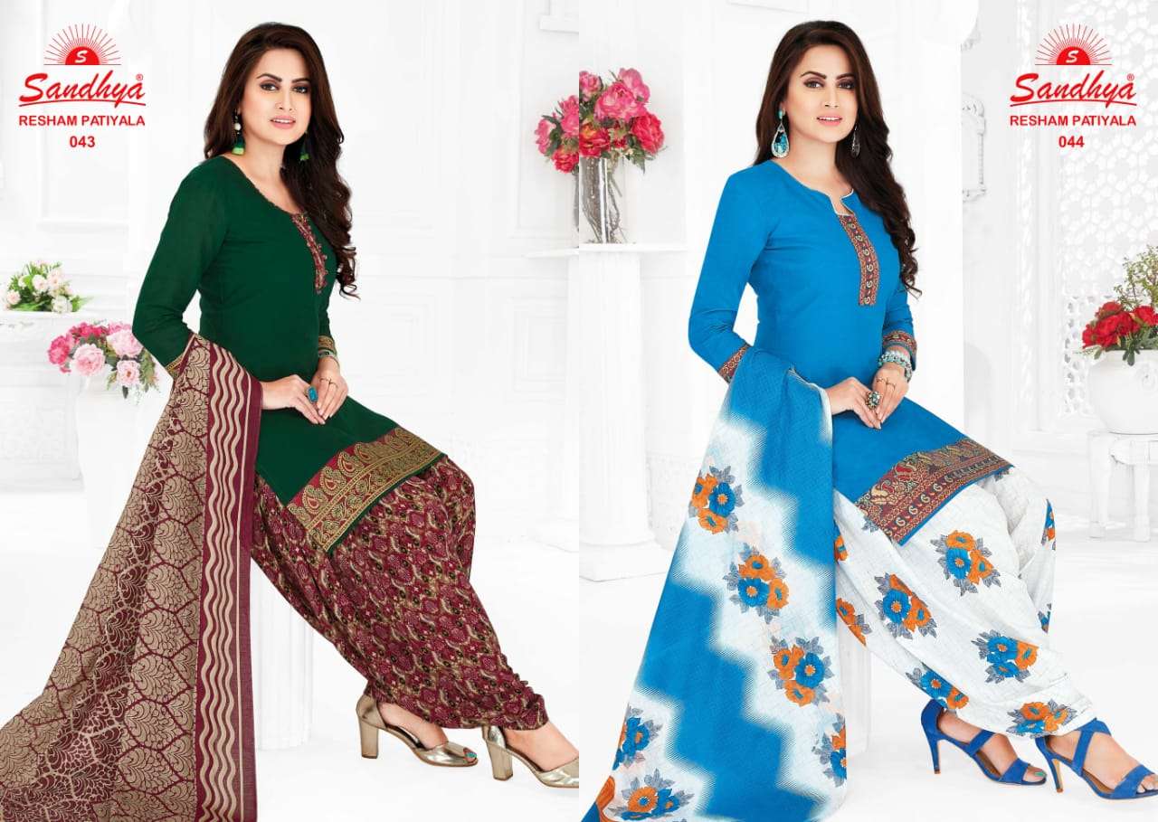 RESHAM PATIYALA VOL-3 BY SANDHYA 041 TO 055 SERIES BEAUTIFUL STYLISH SUITS FANCY COLORFUL CASUAL WEAR & ETHNIC WEAR & READY TO WEAR COTTON PRINTED DRESSES AT WHOLESALE PRICE