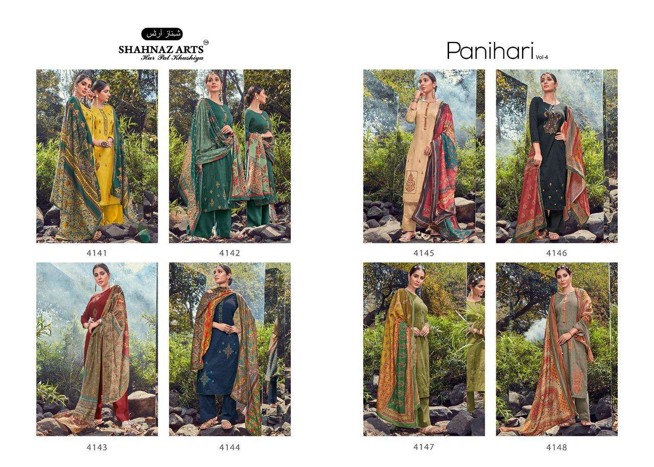 PANIHARI VOL-4 BY SHAHNAZ ARTS 4141 TO 4148 SERIES BEAUTIFUL SUITS STYLISH FANCY COLORFUL PARTY WEAR & ETHNIC WEAR JAM COTTON PRINTED DRESSES AT WHOLESALE PRICE