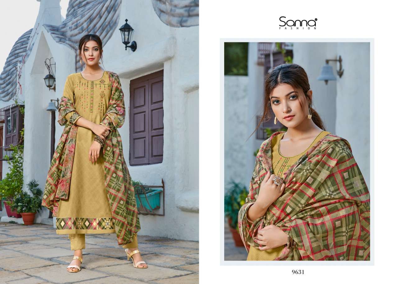 MUSE BY SANNA FASHION 9631 TO 9640 SERIES DESIGNER SUITS COLLECTION BEAUTIFUL STYLISH FANCY COLORFUL PARTY WEAR & OCCASIONAL WEAR PURE AZ COTTON JAM SILK DRESSES AT WHOLESALE PRICE