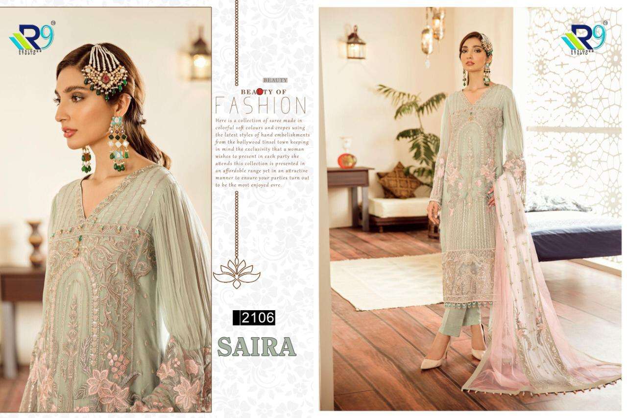 SAIRA BY R9 2104 TO 2111 DESIGNER FESTIVE SUITS COLLECTION BEAUTIFUL STYLISH FANCY COLORFUL PARTY WEAR & OCCASIONAL WEAR FAUX GEORGETTE WITH EMBROIDERED DRESSES AT WHOLESALE PRICE