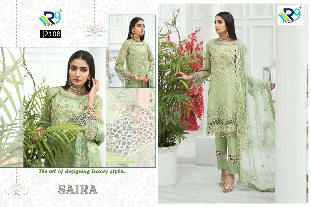 SAIRA BY R9 2104 TO 2111 DESIGNER FESTIVE SUITS COLLECTION BEAUTIFUL STYLISH FANCY COLORFUL PARTY WEAR & OCCASIONAL WEAR FAUX GEORGETTE WITH EMBROIDERED DRESSES AT WHOLESALE PRICE