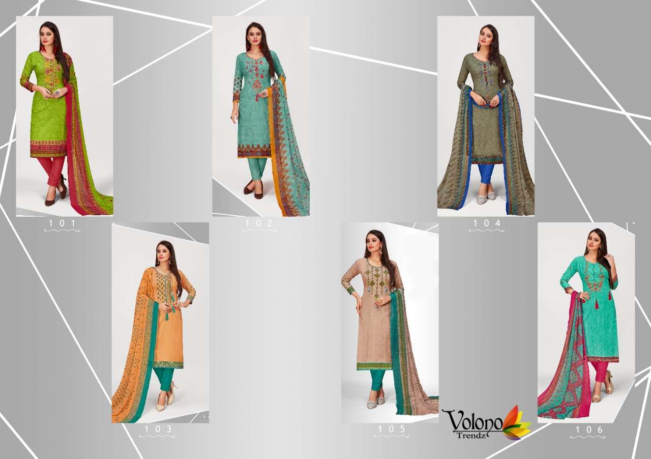 Zora By Volono Trendz 101 To 106 Series Festive Suits Collection Beautiful Stylish Fancy Colorful Party Wear & Occasional Wear Pure Cotton Printed With Embroidery Dresses At Wholesale Price