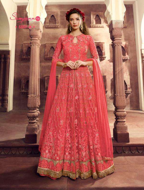 SAGA 5507 COLOURS BY SAMPANN NX 5507 TO 5507-B SERIES DESIGNER ANARKALI SUITS COLLECTION BEAUTIFUL STYLISH FANCY COLORFUL PARTY WEAR & OCCASIONAL WEAR BUTTERFLY NET EMBROIDERED DRESSES AT WHOLESALE PRICE