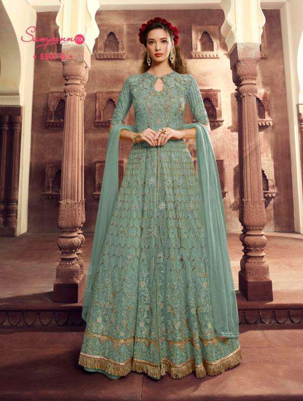 SAGA 5507 COLOURS BY SAMPANN NX 5507 TO 5507-B SERIES DESIGNER ANARKALI SUITS COLLECTION BEAUTIFUL STYLISH FANCY COLORFUL PARTY WEAR & OCCASIONAL WEAR BUTTERFLY NET EMBROIDERED DRESSES AT WHOLESALE PRICE