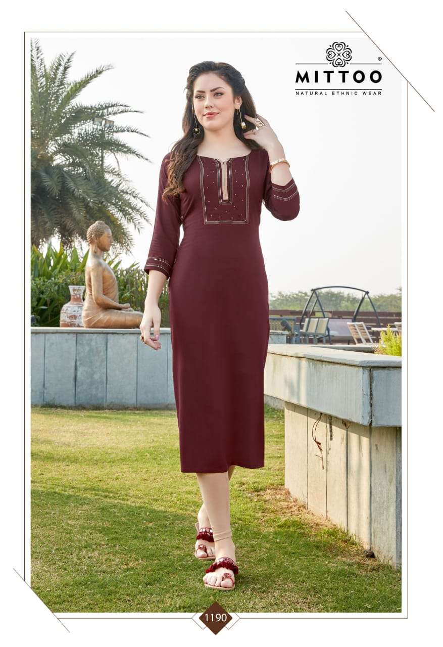 PALAK VOL-21 BY MITTOO 188 TO 195 SERIES BEAUTIFUL STYLISH FANCY COLORFUL CASUAL WEAR & ETHNIC WEAR & READY TO WEAR HEAVY RAYON KURTIS AT WHOLESALE PRICE