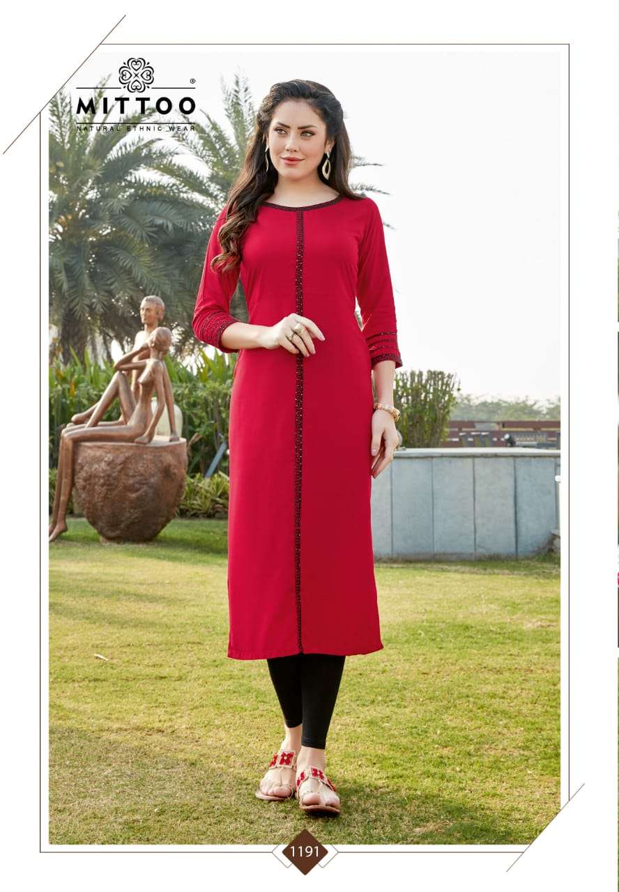 PALAK VOL-21 BY MITTOO 188 TO 195 SERIES BEAUTIFUL STYLISH FANCY COLORFUL CASUAL WEAR & ETHNIC WEAR & READY TO WEAR HEAVY RAYON KURTIS AT WHOLESALE PRICE