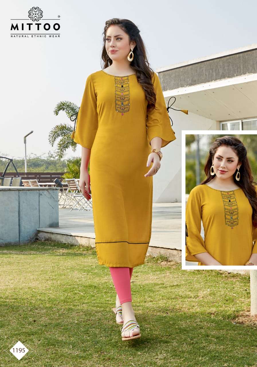 PALAK VOL-21 BY MITTOO 188 TO 195 SERIES BEAUTIFUL STYLISH FANCY COLORFUL CASUAL WEAR & ETHNIC WEAR & READY TO WEAR HEAVY RAYON KURTIS AT WHOLESALE PRICE