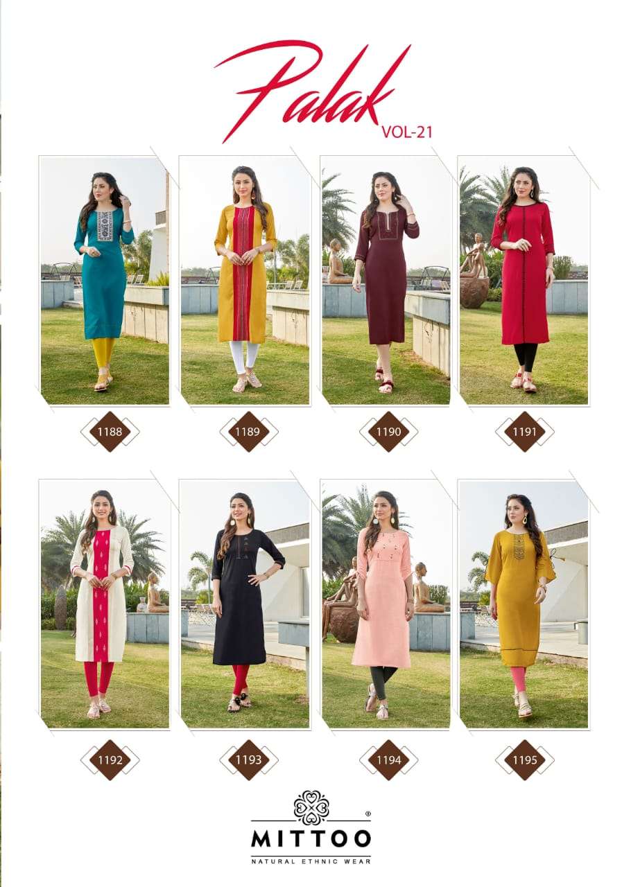 PALAK VOL-21 BY MITTOO 188 TO 195 SERIES BEAUTIFUL STYLISH FANCY COLORFUL CASUAL WEAR & ETHNIC WEAR & READY TO WEAR HEAVY RAYON KURTIS AT WHOLESALE PRICE