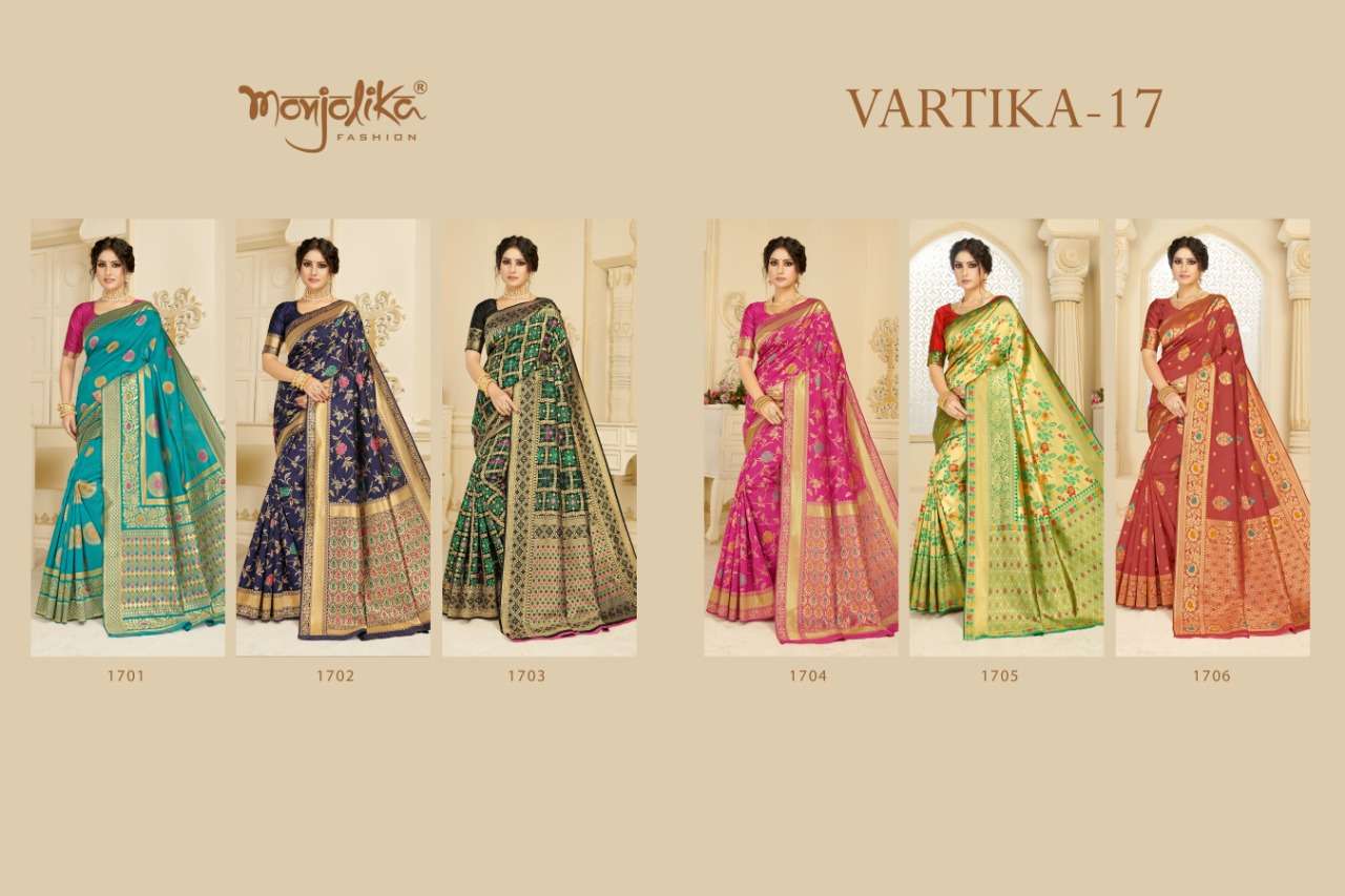 Vartika Vol-17 By Monjolika 1701 To 1706 Series Indian Traditional Wear Collection Beautiful Stylish Fancy Colorful Party Wear & Occasional Wear Silk Blend Sarees At Wholesale Price