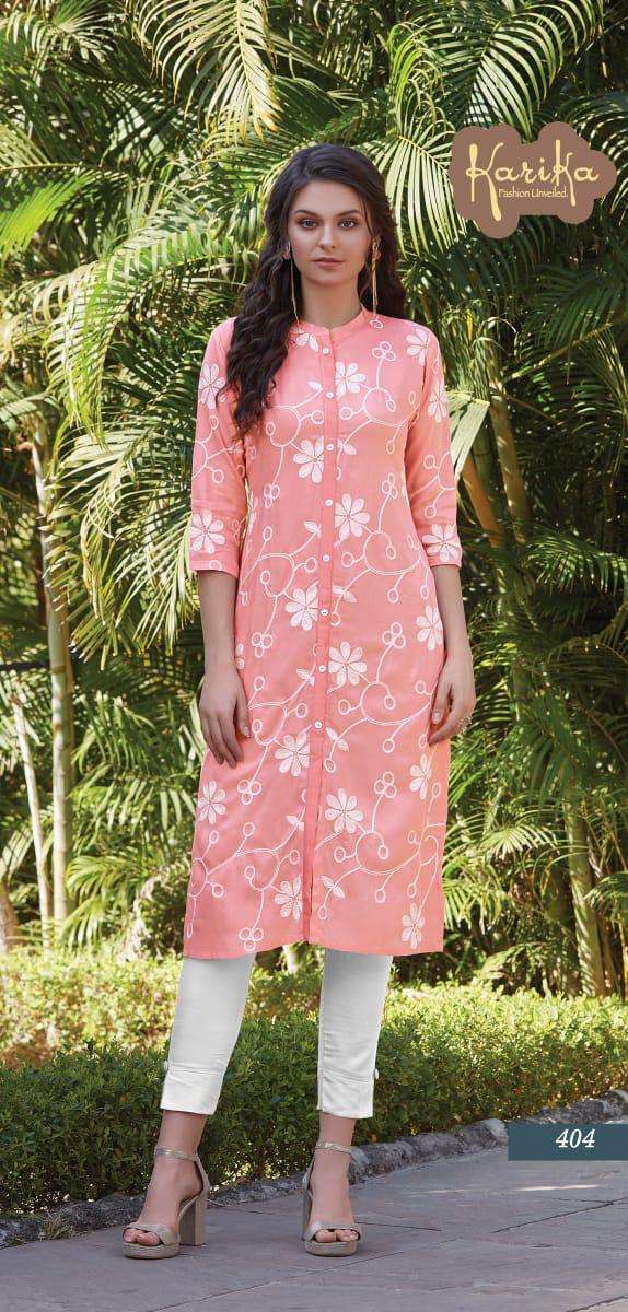 LILY BY KARIKA 401 TO 406 SERIES BEAUTIFUL STYLISH FANCY COLORFUL CASUAL WEAR & ETHNIC WEAR & READY TO WEAR RAYON EMBROIDERED KURTIS AT WHOLESALE PRICE