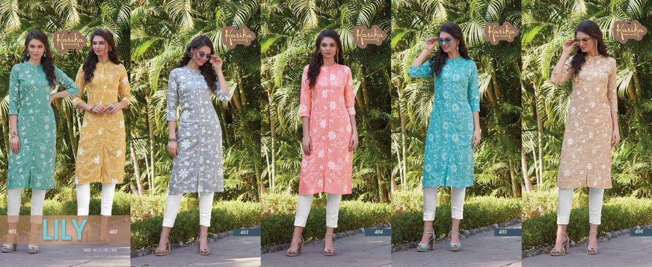 LILY BY KARIKA 401 TO 406 SERIES BEAUTIFUL STYLISH FANCY COLORFUL CASUAL WEAR & ETHNIC WEAR & READY TO WEAR RAYON EMBROIDERED KURTIS AT WHOLESALE PRICE