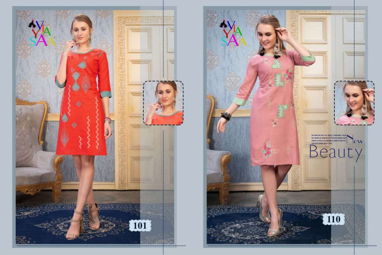 MUSKAN BY VIYASSA 101 TO 110 SERIES BEAUTIFUL STYLISH FANCY COLORFUL CASUAL WEAR & ETHNIC WEAR & READY TO WEAR RAYON EMBROIDERED KURTIS AT WHOLESALE PRICE